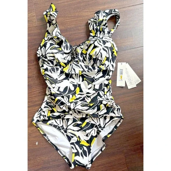 DKNY Women's Ruffle Neck One-Piece Swimsuit Fluorescent Yellow Black & White XL - Picture 2 of 10